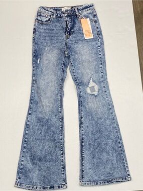 RISEN RDP5549 Women's Blue Distressed High Waist Flare Boho Jeans